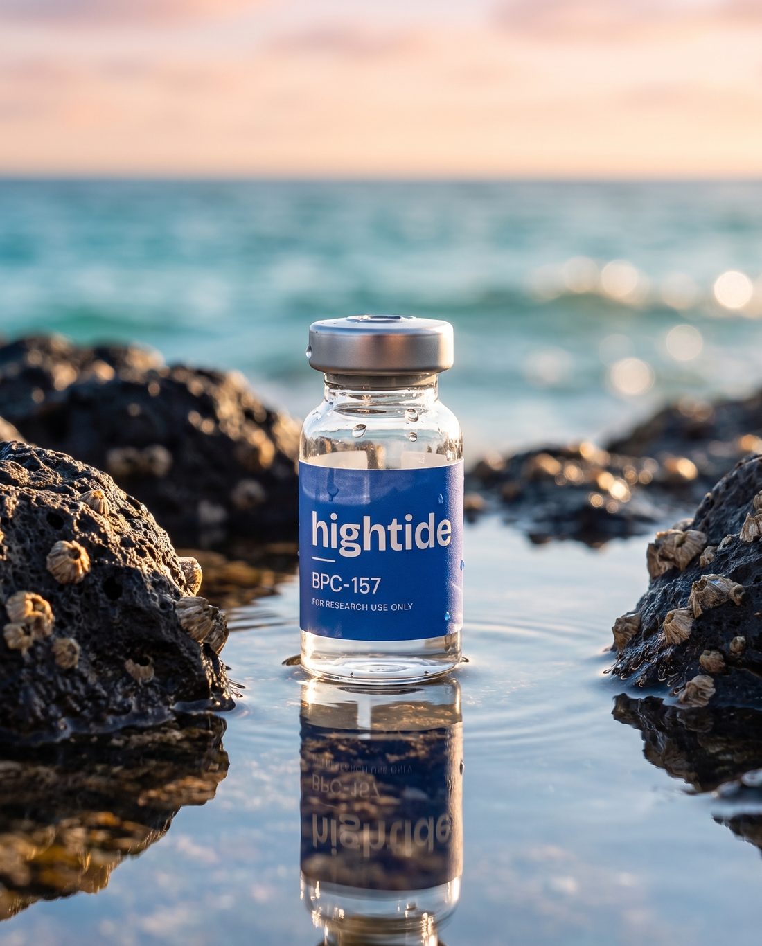 Hightide BPC-157 research vial in a coastal tidepool at sunset